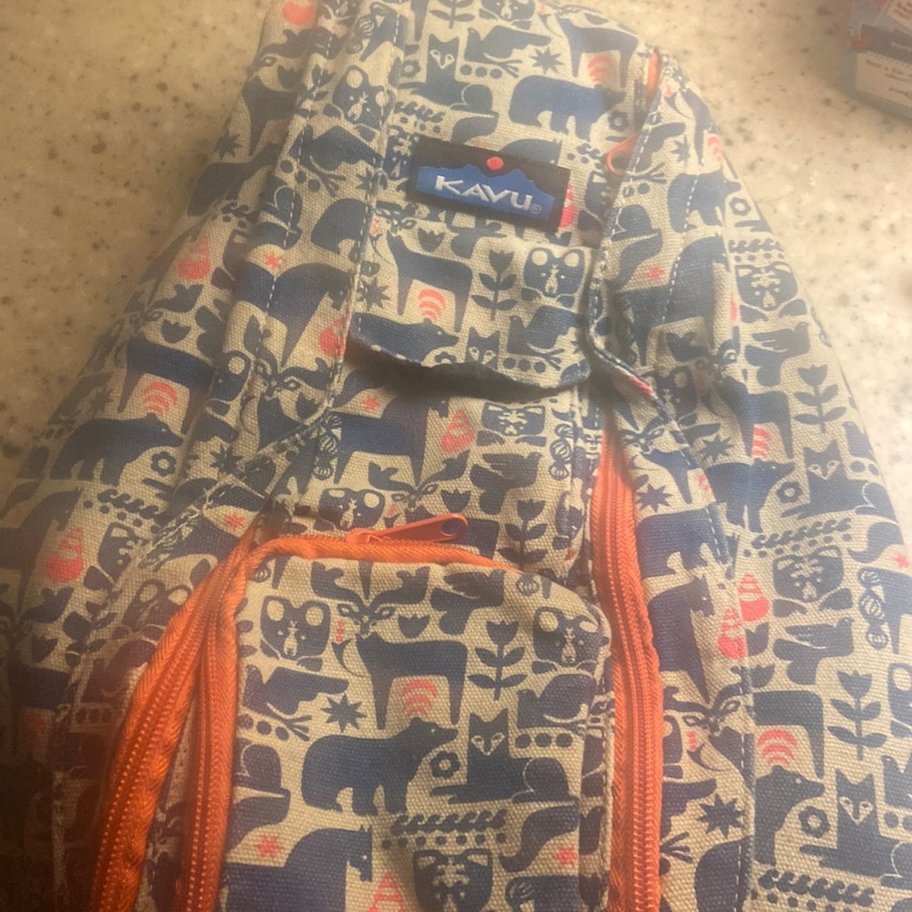 Kavu Rope Sling Bag Animal Pattern Blue Orange Cream Backpack
